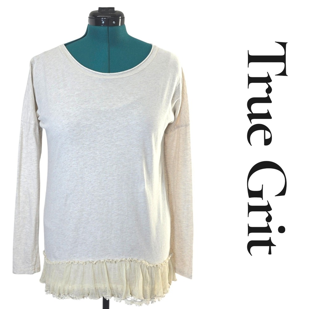 True Grit Top Womens‎ XS Oatmeal Cotton Long Sleeve Lace Ruffle Hem Boho Chic